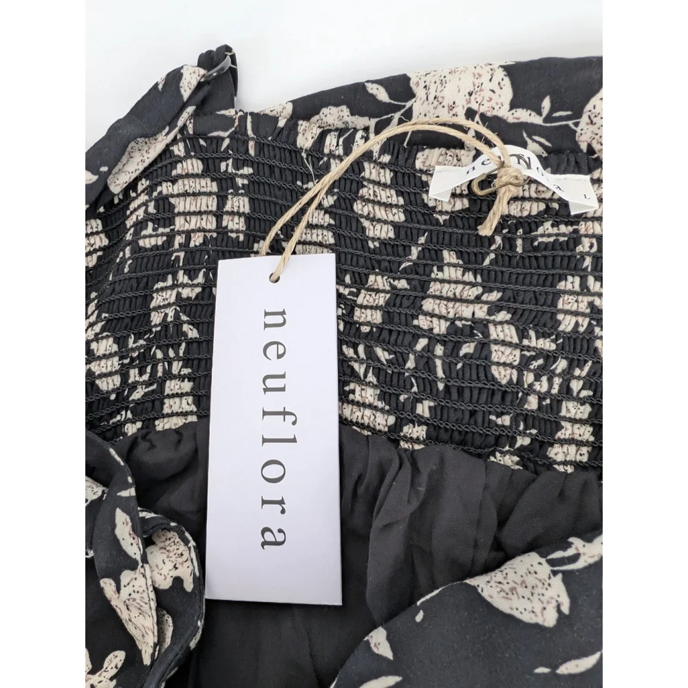 Neuflora Floral Smocked Tiered Ruffle Black Maxi Sz L Prairie Boho Modest Dress - Picture 9 of 13